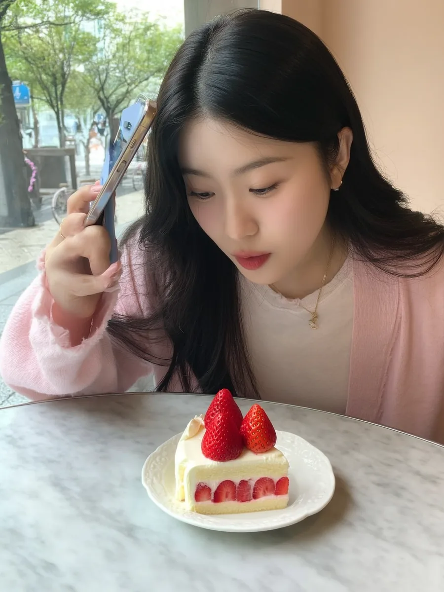 딸기 케이크를 휴대폰으로 찍는 크리에이터