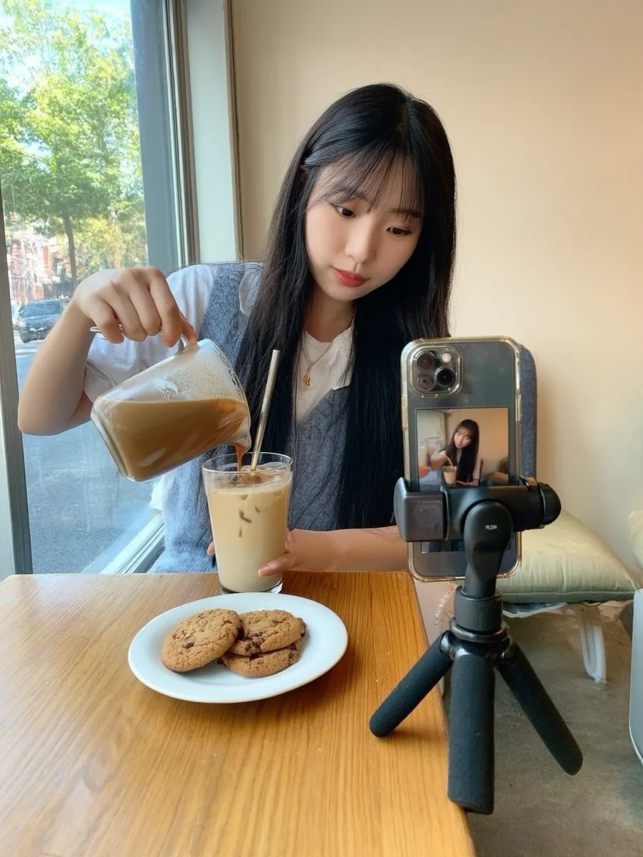 창가에서 아이스 라떼와 쿠키를 촬영하는 크리에이터
