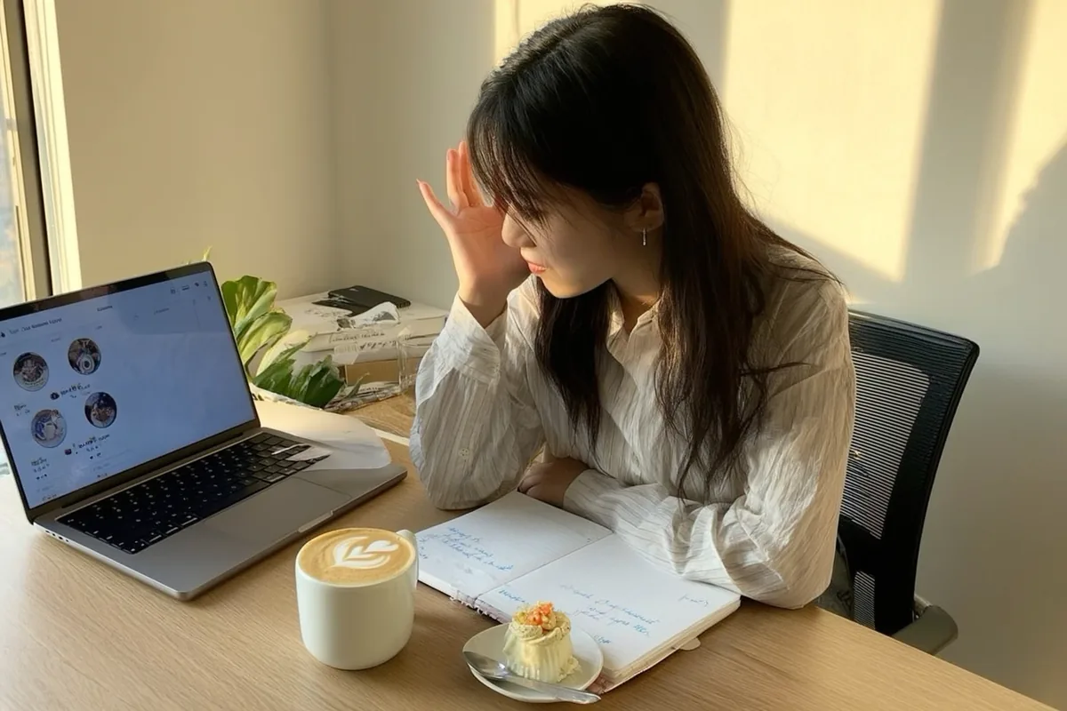 노트북으로 릴스 반응을 살펴보는 먹거리 크리에이터